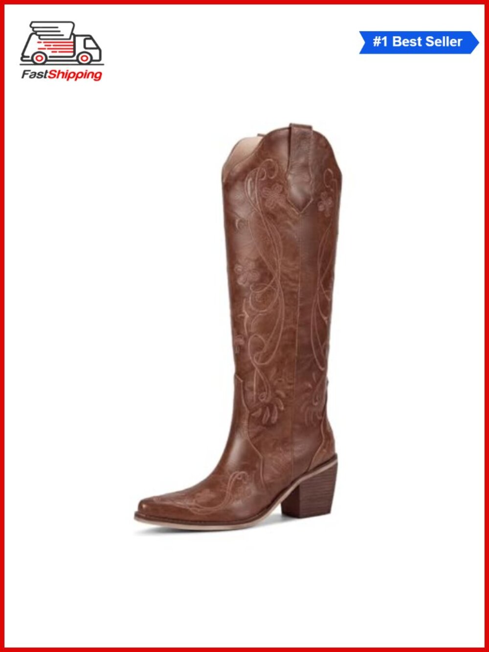 ✨ wetkiss Knee High Western Cowboy Boots Faux Leather Floral Embroidered